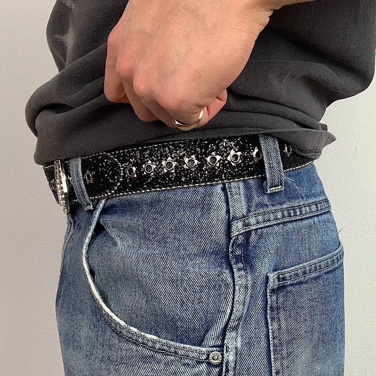 Vintage Black Belt Rhinestone Western Buckle Star Studded Design