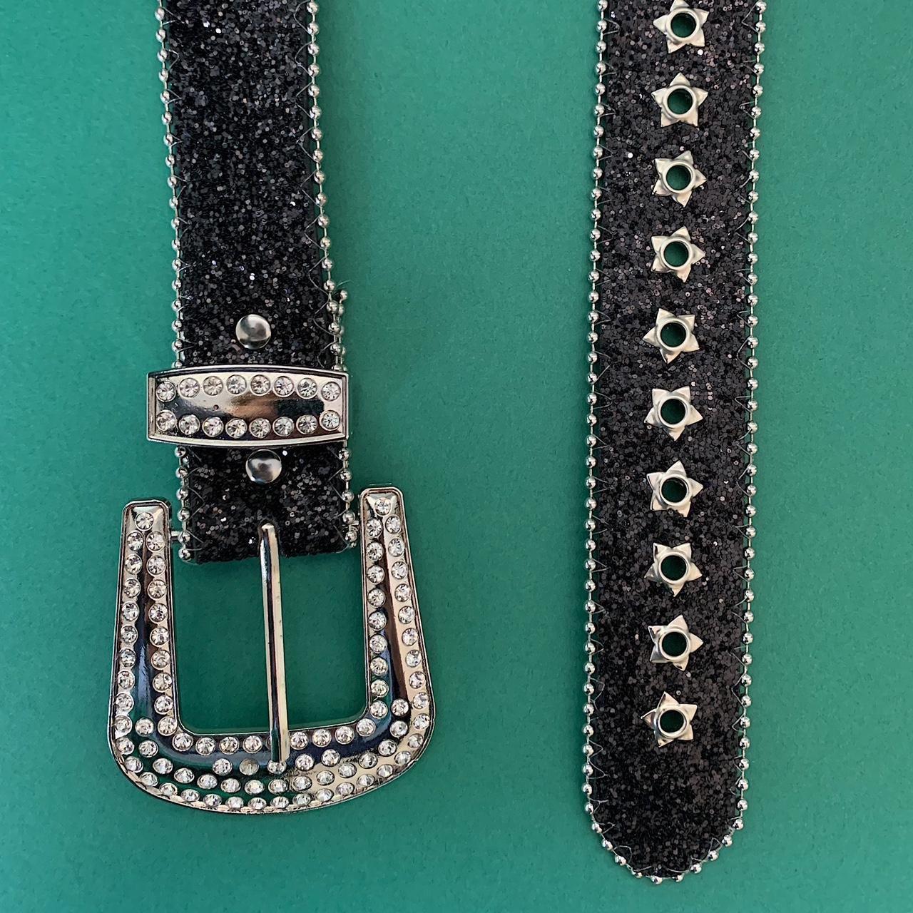 Vintage Black Belt Rhinestone Western Buckle Star Studded Design